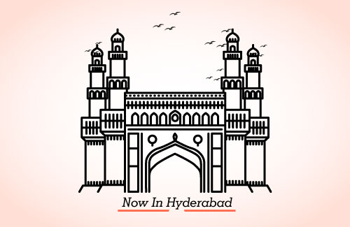 image shows graphic representation of Charminar with a subtext- "Now in Hyderabad"