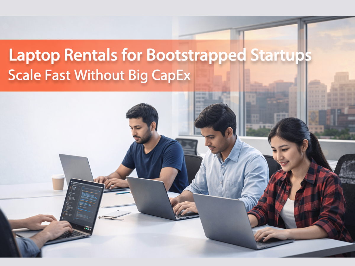 AI generated image showing Laptop Rentals for Bootstrapped Startups blog banner featuring a modern startup team working on laptops in an office, with an orange gradient overlay and the text “Scale Fast Without Big CapEx” displayed on the left.