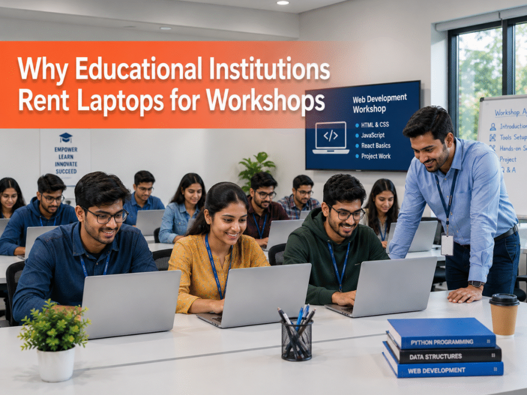 AI-generated image of students and instructor using rental laptops during an educational workshop and hands-on training session.