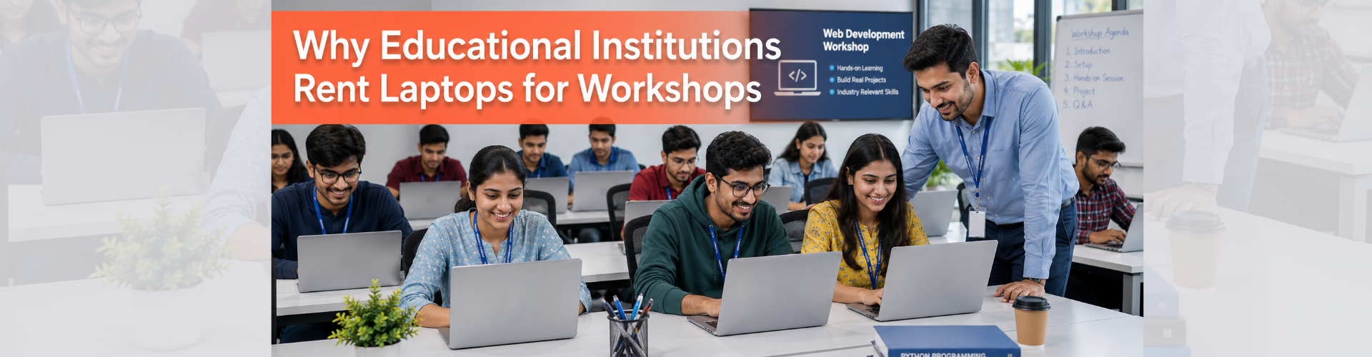 AI-generated image of students and instructor using rental laptops during an educational workshop and hands-on training session.