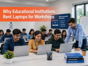 AI-generated image of students and instructor using rental laptops during an educational workshop and hands-on training session.