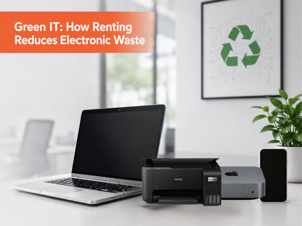 AI-generated eco-themed banner illustrating how IT rentals reduce e-waste, featuring laptops, electronics, recycling symbols, green sustainability icons, and Rental Bunny branding.