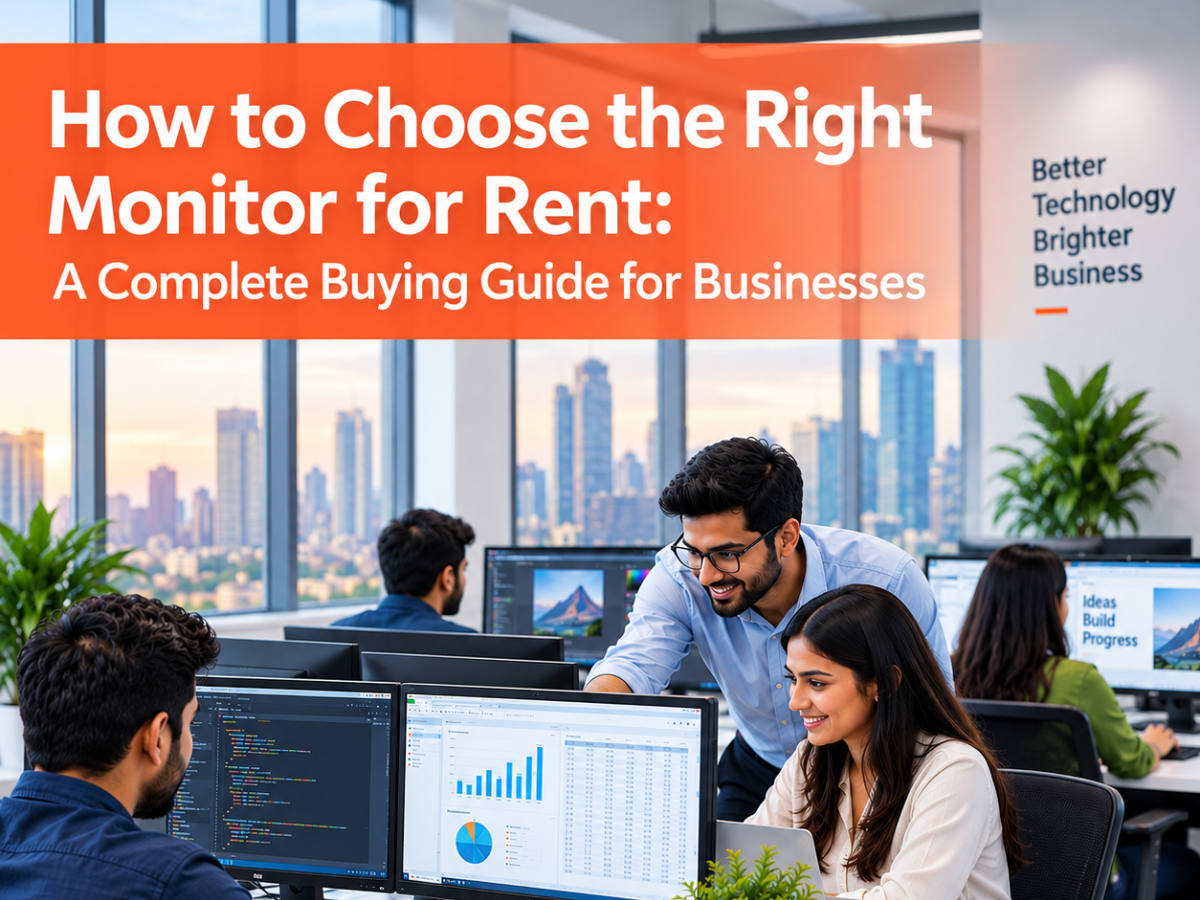 AI-generated image of a modern office team using dual monitors for coding, data analysis, and business tasks, highlighting monitor rentals for businesses.