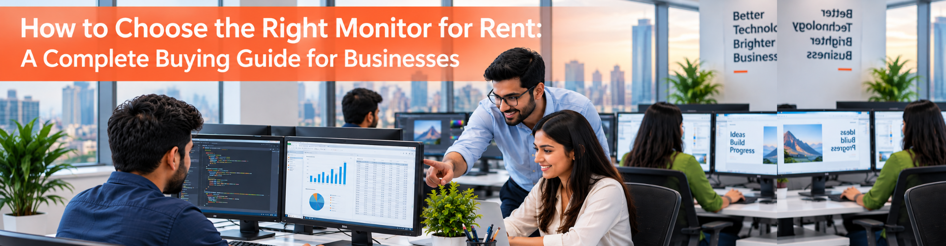 AI-generated image of a modern office team using dual monitors for coding, data analysis, and business tasks, highlighting monitor rentals for businesses.