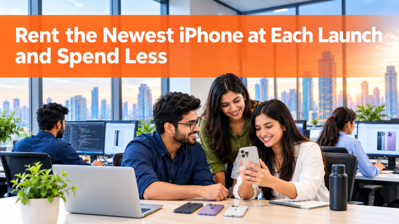 Colleagues looking at a rented iPhone in an office, with the text “Rent the Newest iPhone at Each Launch and Spend Les